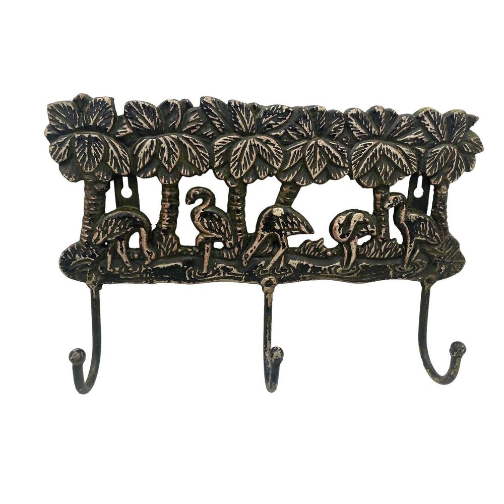 FLAMINIGOS Wall Hanging Coat Hat Key Rack w 3 Hooks Vintage Heavy Cast Metal